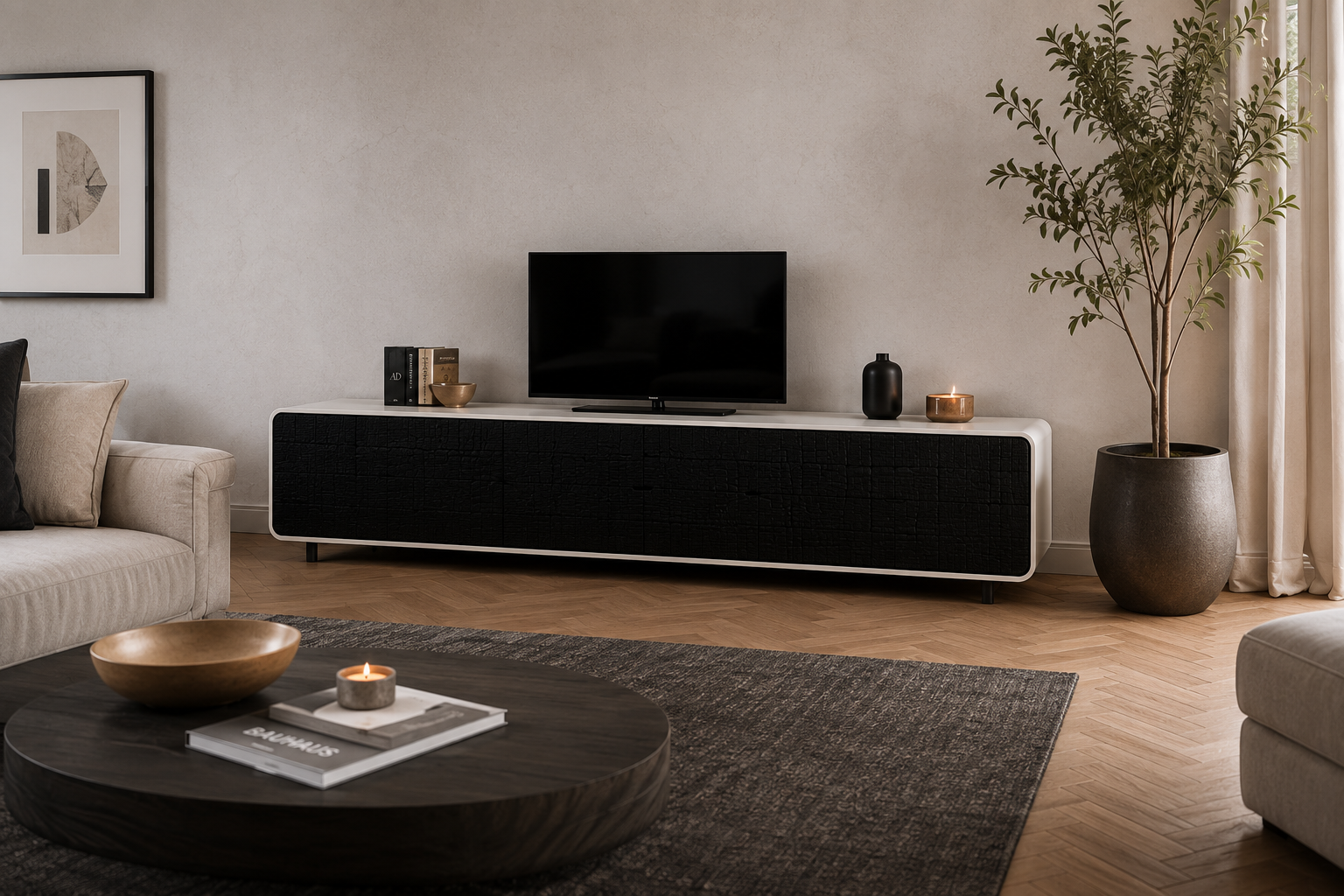HISUMI Sideboard aus weißem Metall mit schwarzen Shou-Sugi-Ban-Fronten in einem modernen Wohnraum